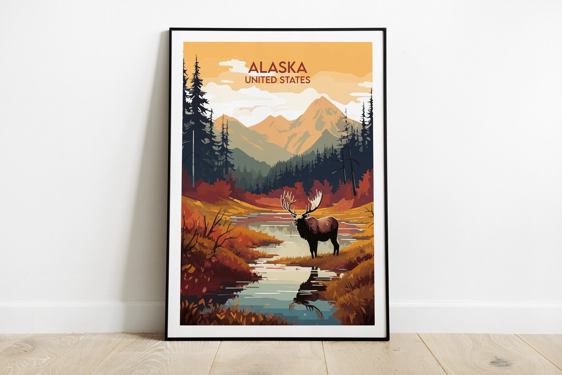 Alaska United States Moose Autumn Lake Wildlife Travel Poster