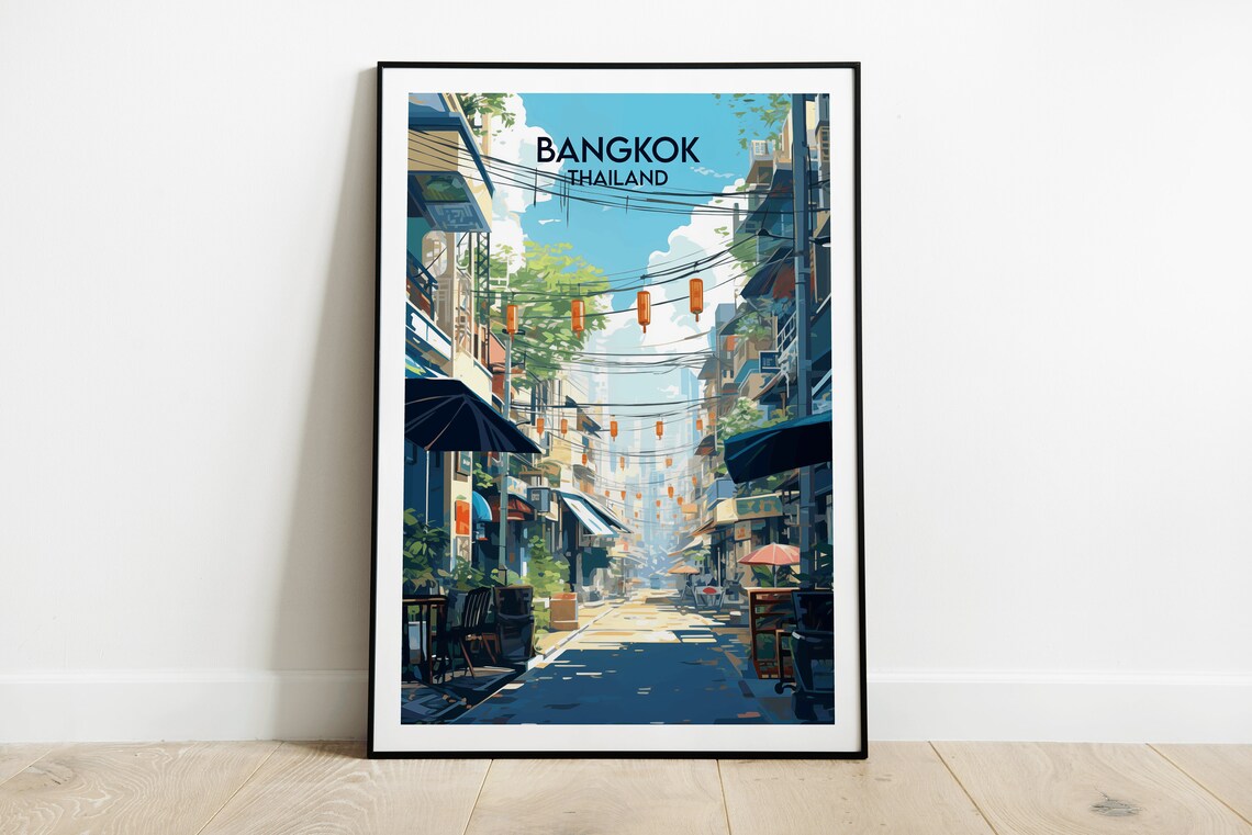 Bangkok Thailand Old Street Lanterns City Market Travel Poster
