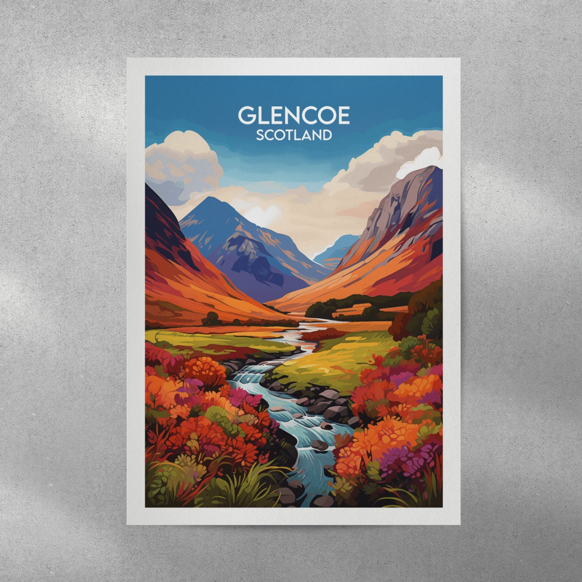 Glencoe Scotland Vibrant Sunset Mountain River Travel Poster - Image 2