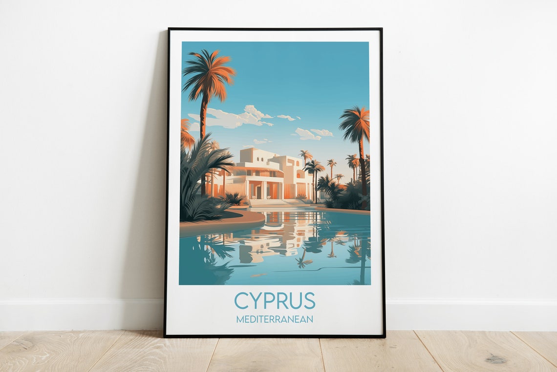 Cyprus Mediterranean White Villa Pool Palms Resort Travel Poster