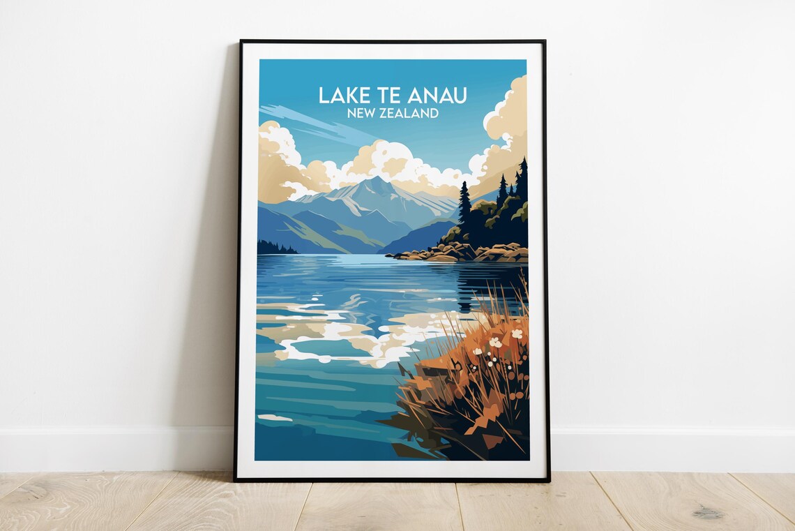 Lake Te Anau New Zealand Still Waters Mountain Lake Travel Poster