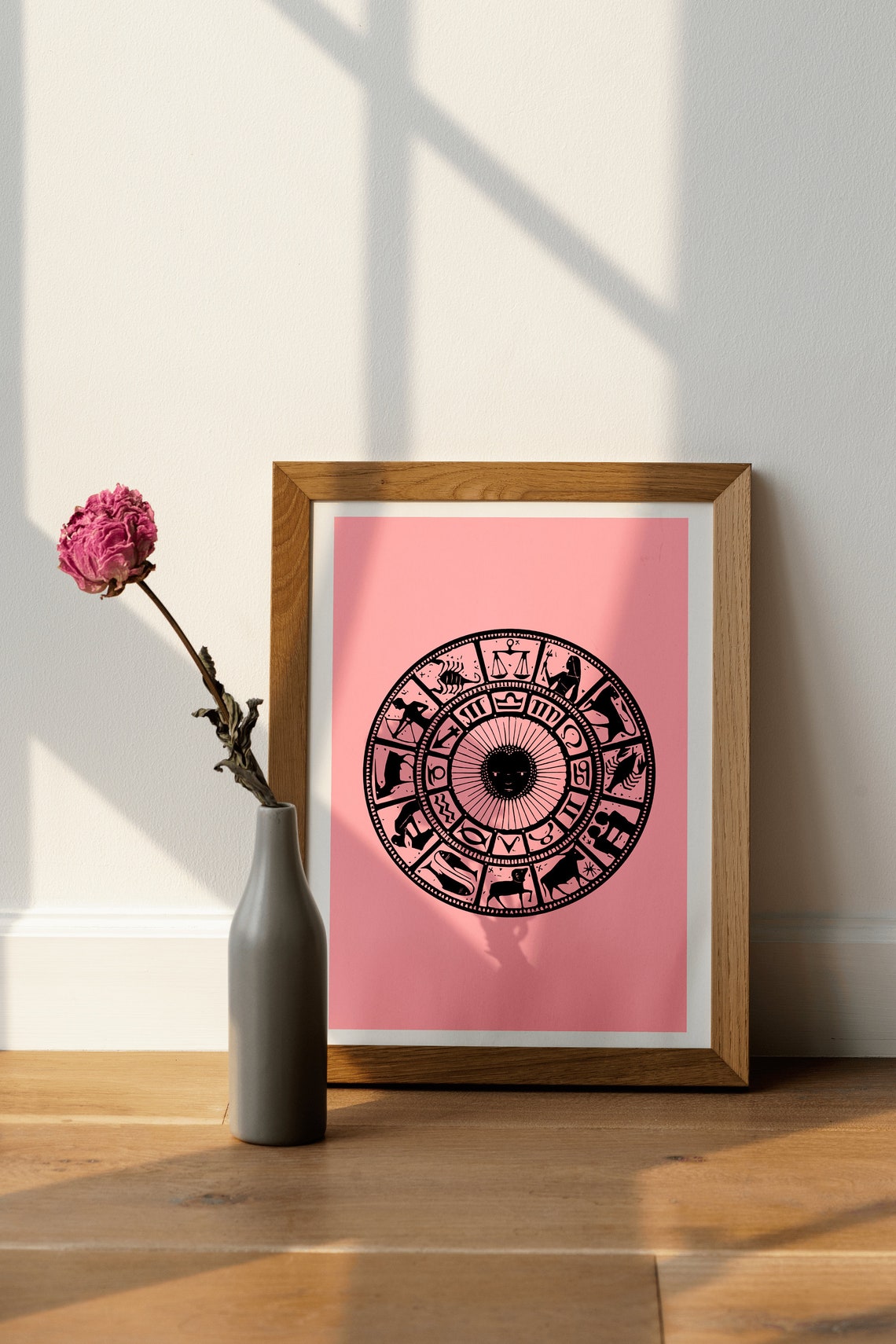 Ecliptic Zodiac Wheel Chart Print Pink Vintage Astrology Circle Art - Image 3