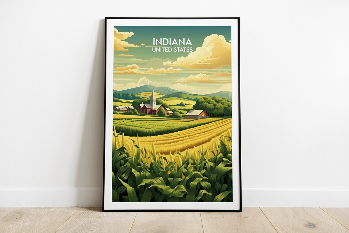 Indiana United States Cornfield Farm Retro Illustrated Travel Poster