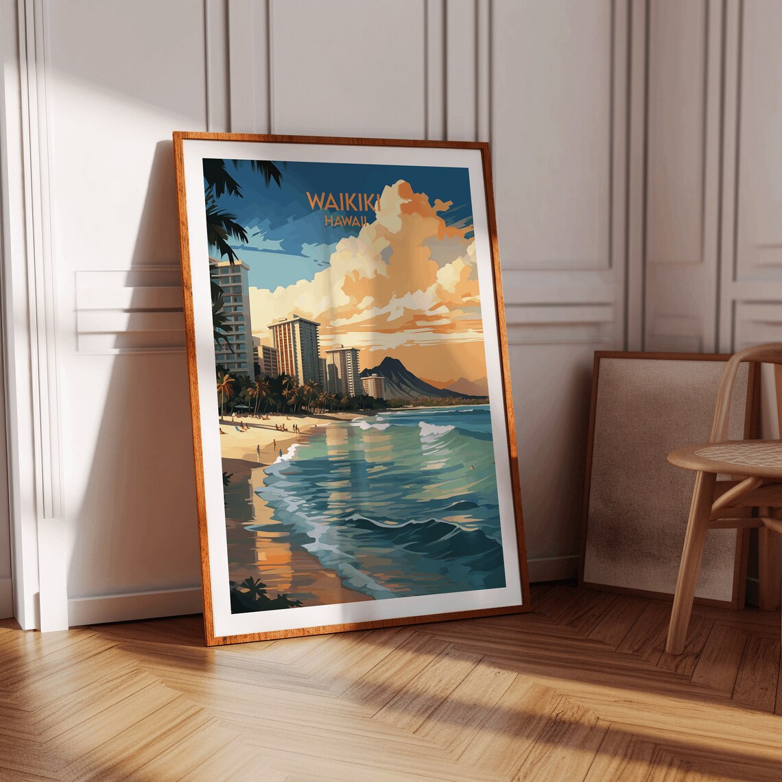 Waikiki Hawaii Sunset Beach Palm Skyline Resort Travel Poster - Image 2
