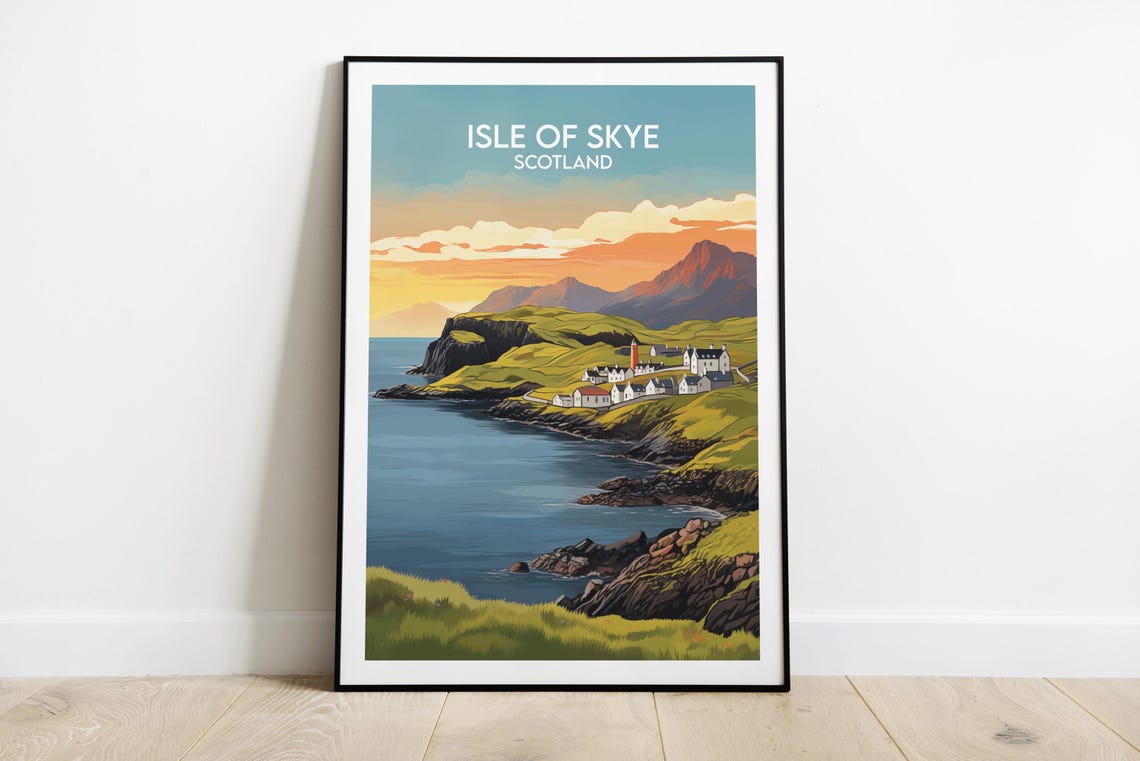 Isle Of Skye Scotland Coastal Village Lighthouse Sunset Travel Poster