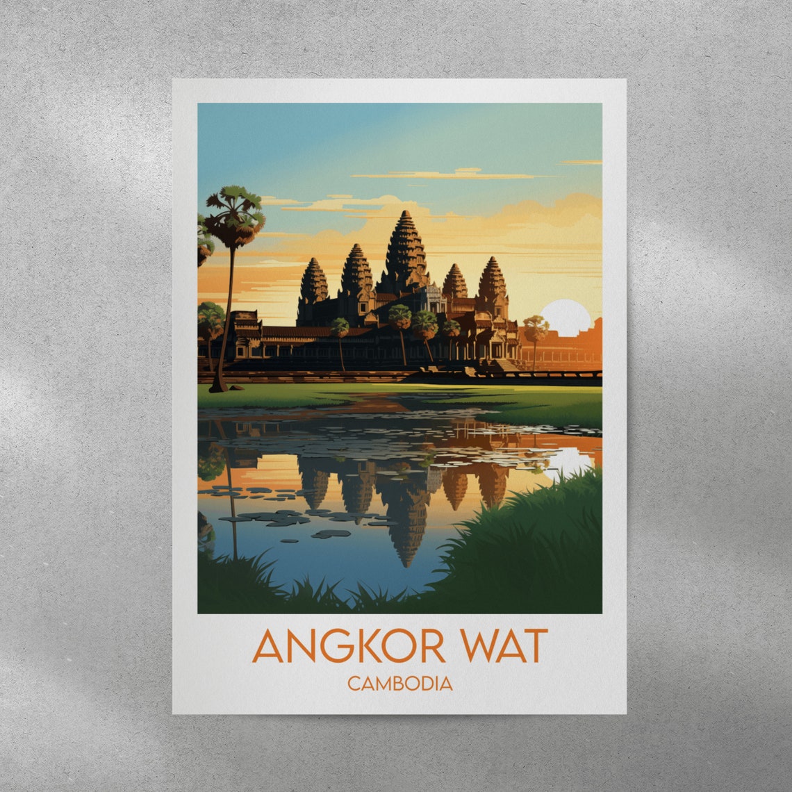 Angkor Wat Cambodia Temple Sunrise Reflection Retro Travel Poster - Image 3