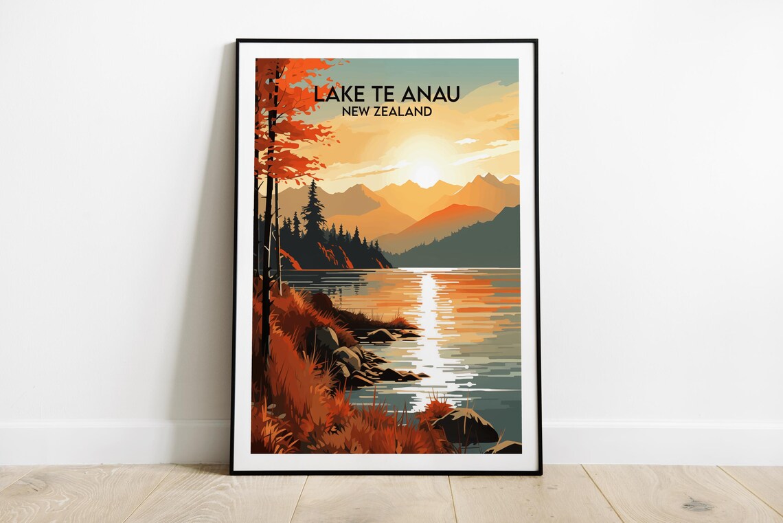 Lake Te Anau New Zealand Autumn Sunset Golden Lake Travel Poster