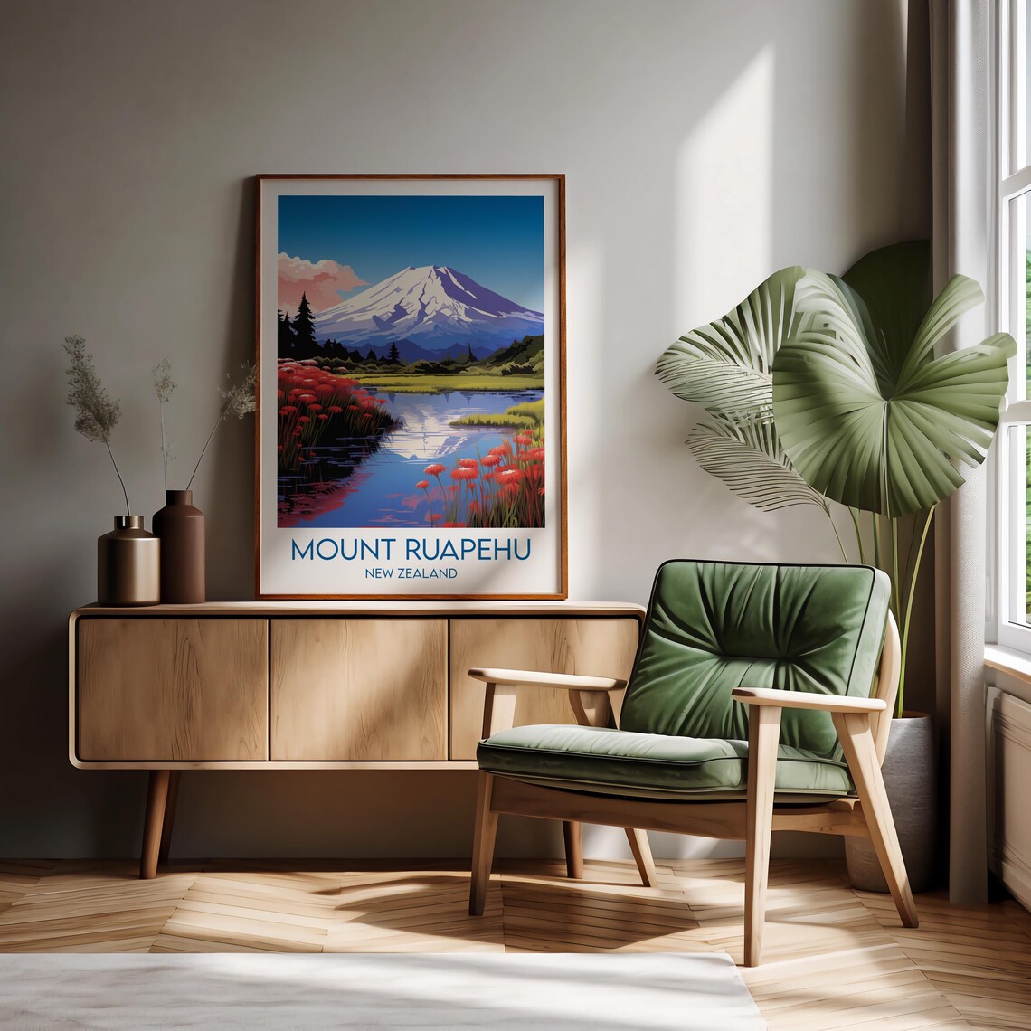 Mount Ruapehu New Zealand Volcano Red Flower Lake View Poster - Image 2