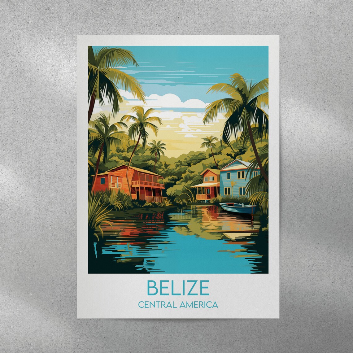 Belize Central America Tropical Lagoon Palm Houses Travel Poster - Image 3