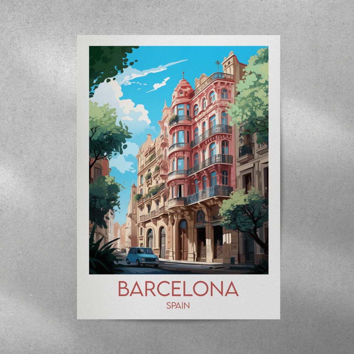 Barcelona Spain Ornate Facade Balconies Classic Car Travel Poster - Image 3