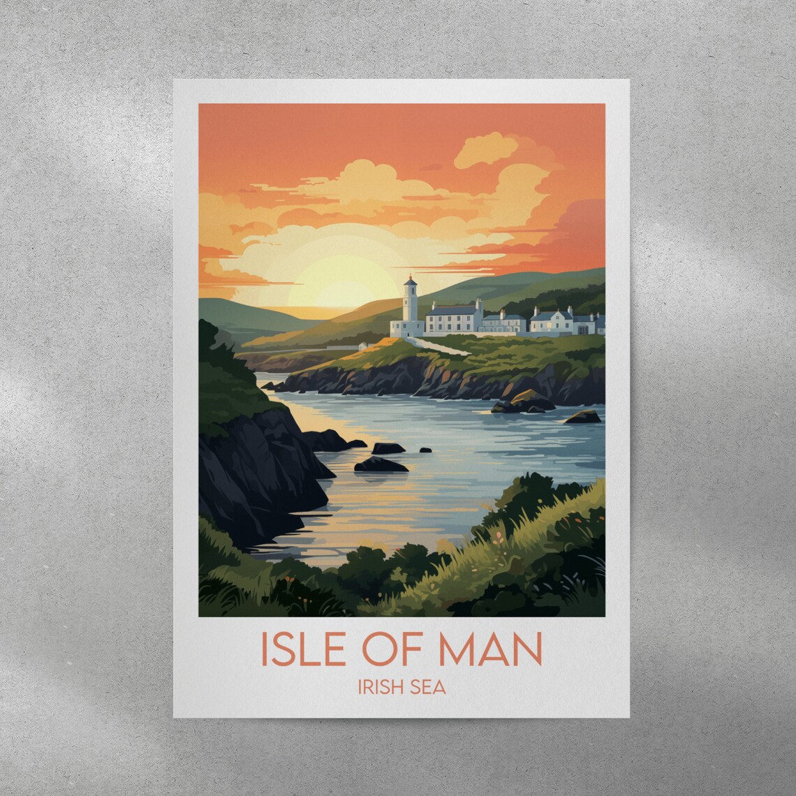 Isle Of Man Irish Sea Lighthouse Sunset Coastal Travel Poster - Image 3