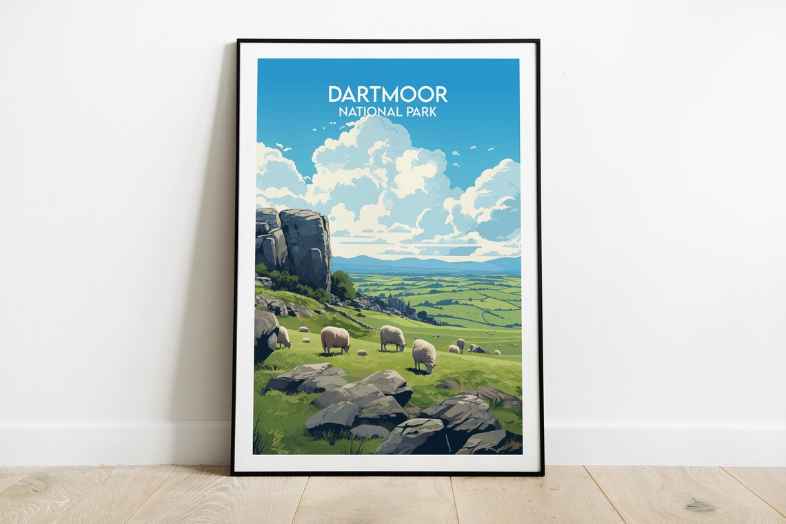 Dartmoor National Park Sheep Grazing England Vintage Travel Poster