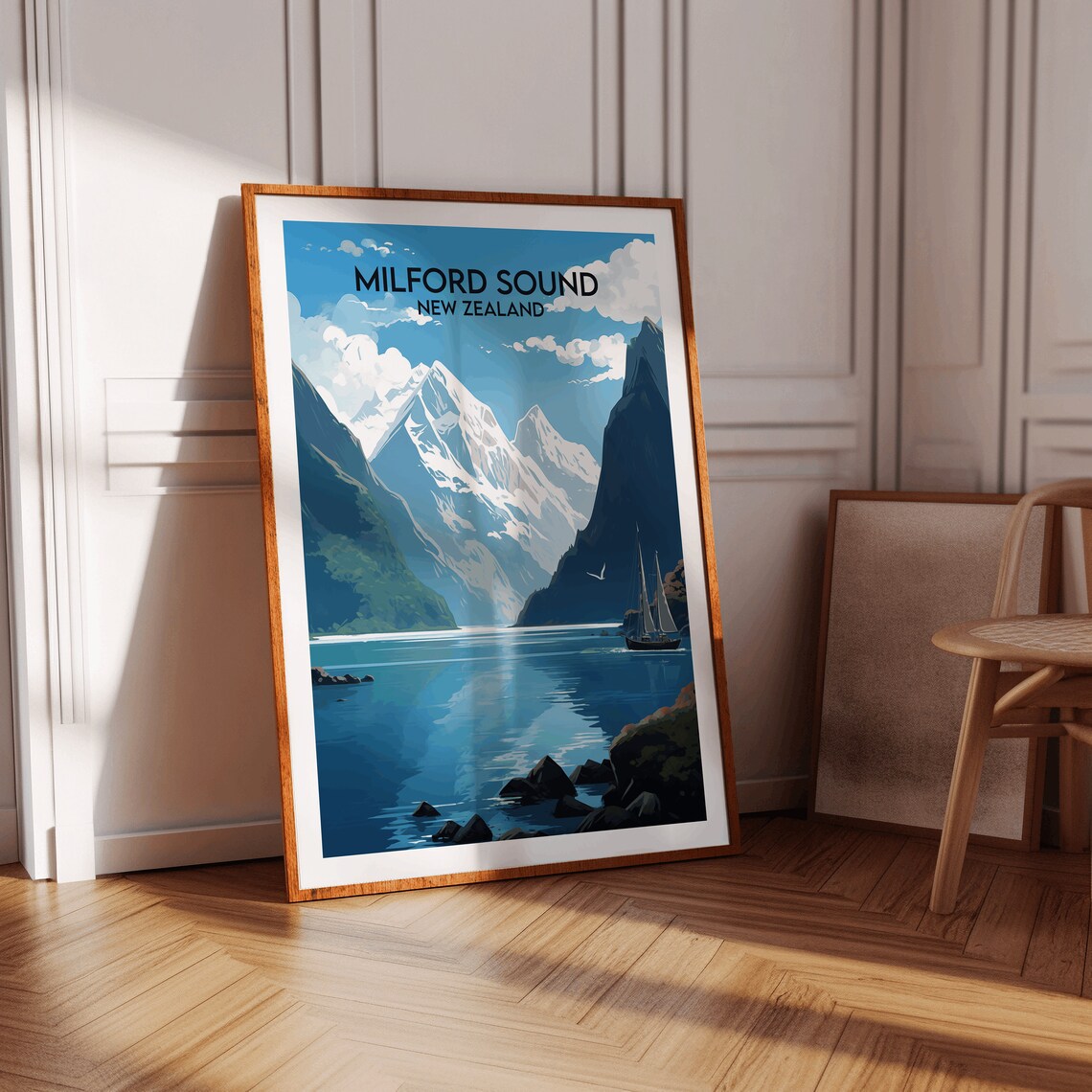 Milford Sound New Zealand Fjord Peaks Sailboat Travel Poster - Image 3