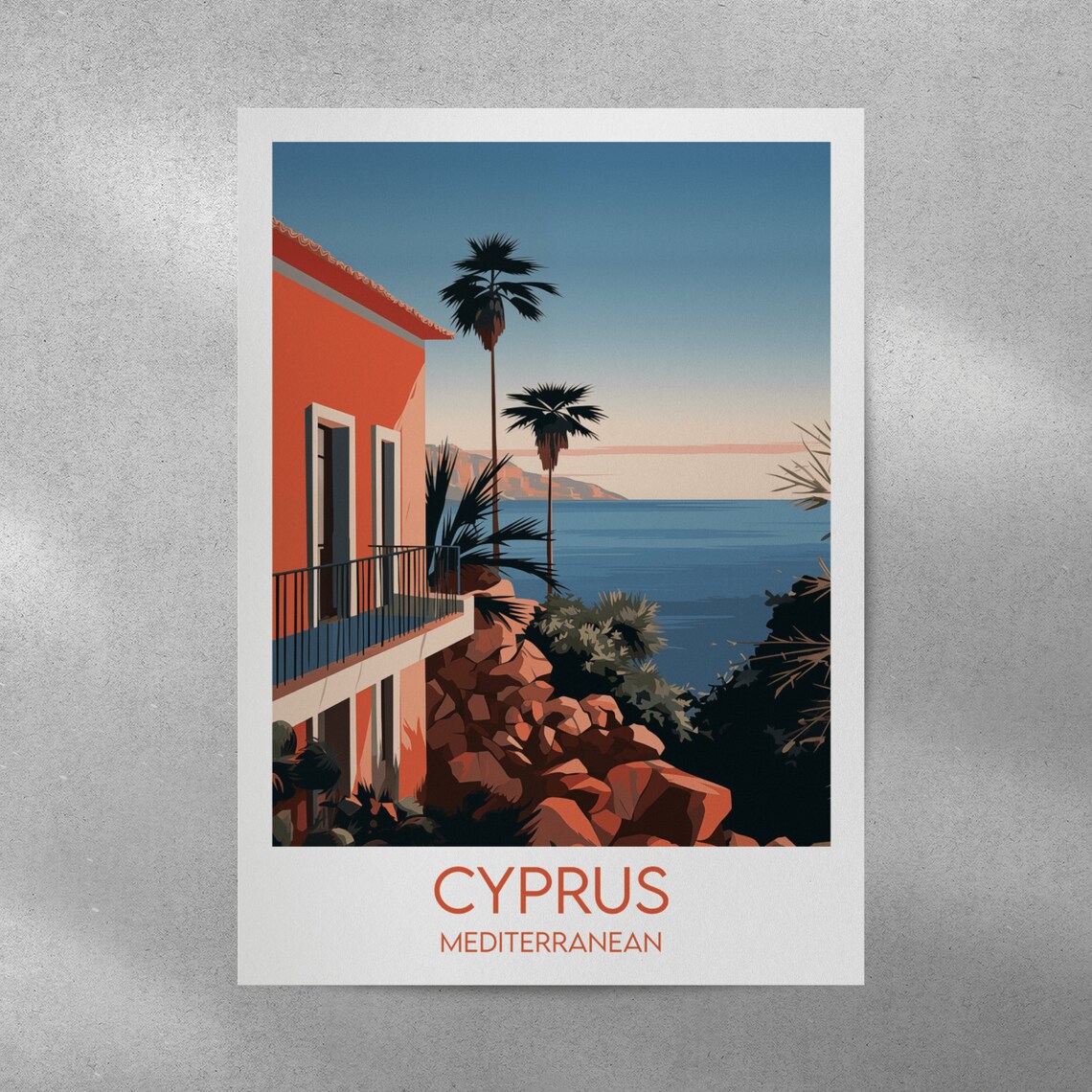 Cyprus Mediterranean Coastal Villa Sunset Palm Trees Travel Poster - Image 3