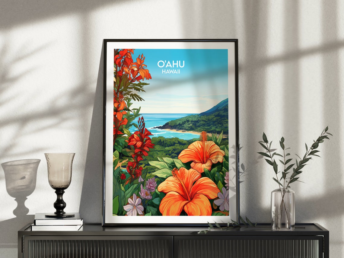 Oahu Hawaii Hibiscus Blooms Coast View Vintage Travel Poster - Image 3