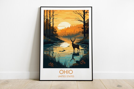 Ohio United States Deer at Sunrise Lake Forest Scenic Travel Poster