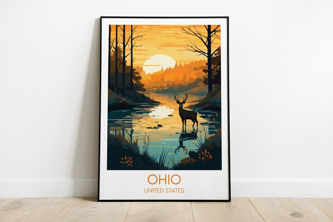 Ohio United States Deer at Sunrise Lake Forest Scenic Travel Poster