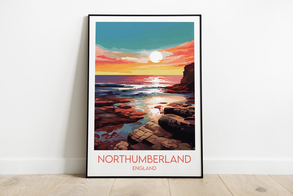 Northumberland England Sea Cliffs Golden Sunset Travel Poster