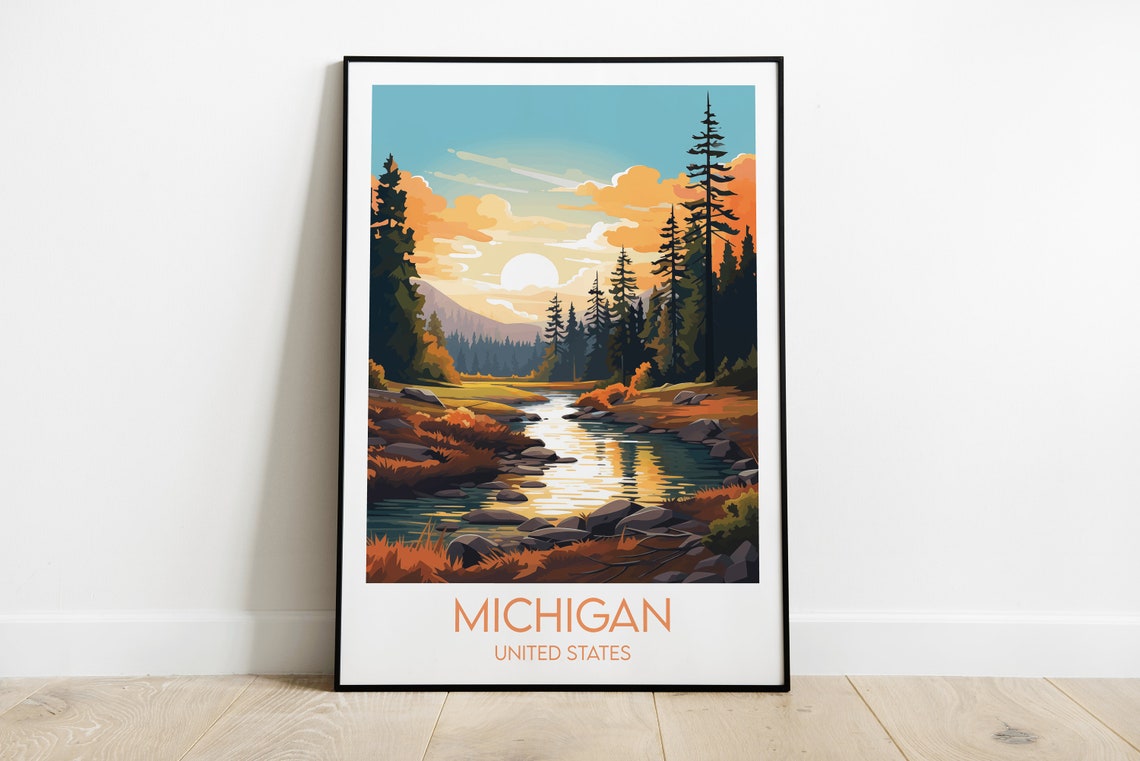 Michigan United States Sunset River Pine Forest Travel Poster