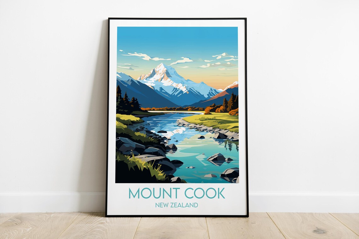 Mount Cook New Zealand Blue River Alpine Valley Travel Poster