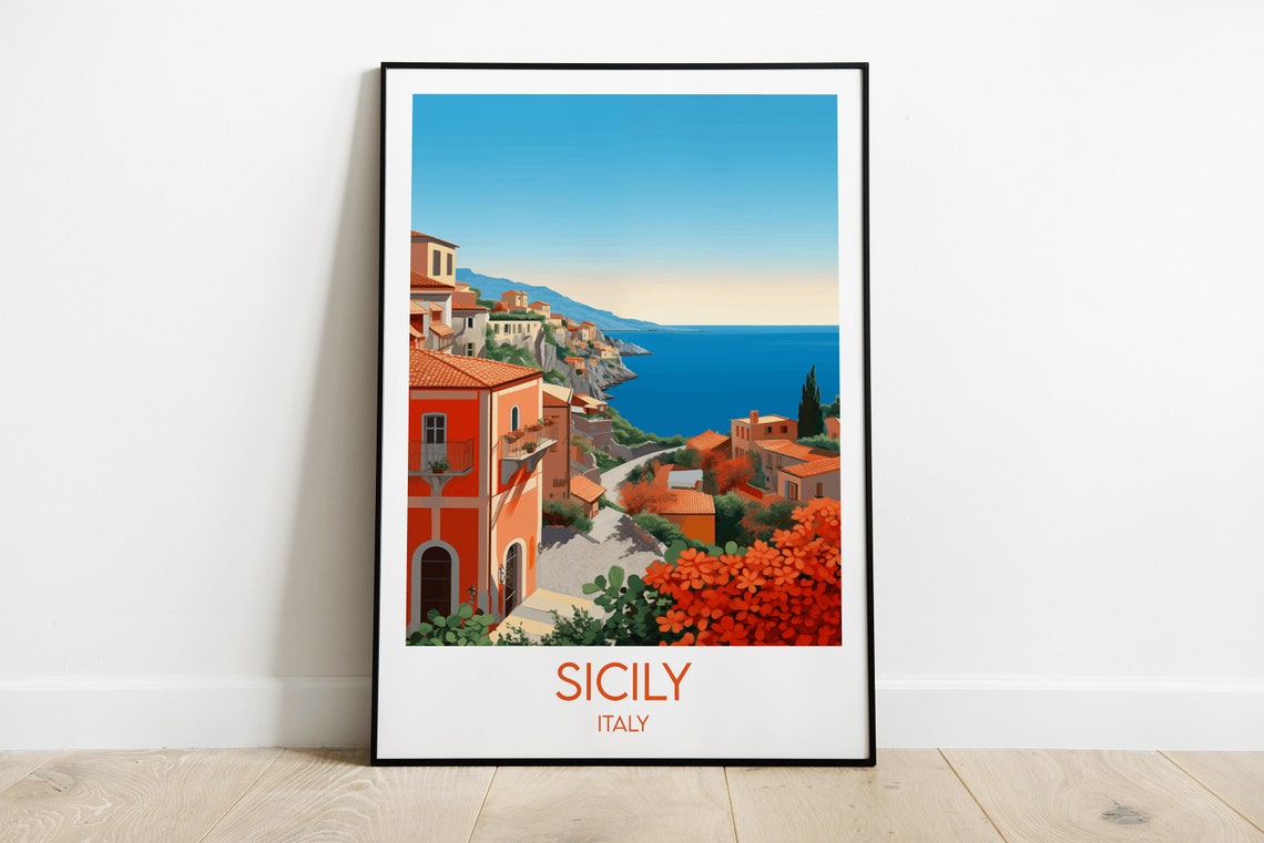 Sicily Italy Seaside Village Terracotta Rooftops Travel Poster Art