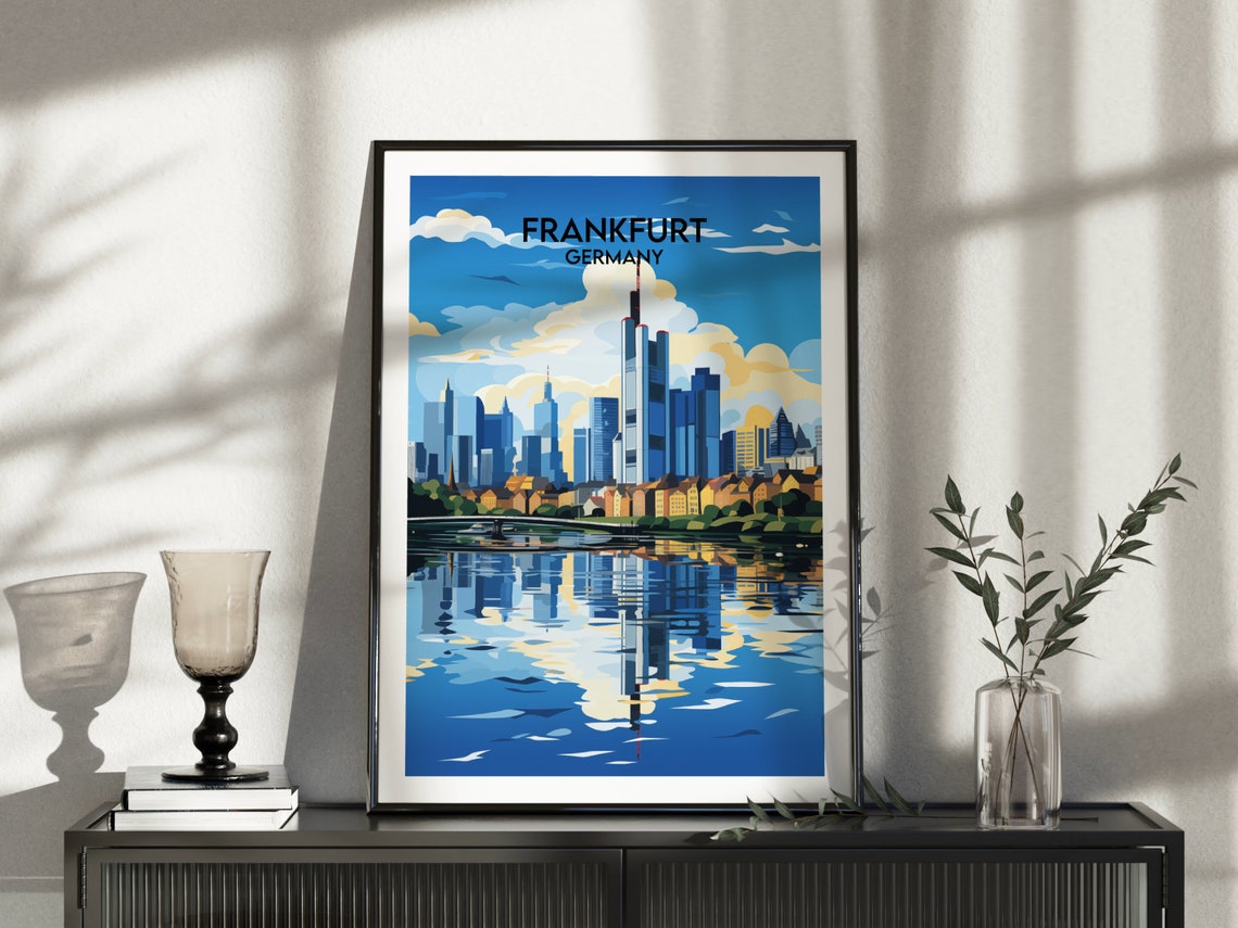 Frankfurt Germany Skyline River Reflection Modern Travel Poster Art - Image 4