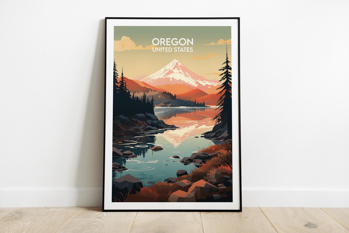 Oregon United States Vintage Mountain Lake Sunset Travel Poster
