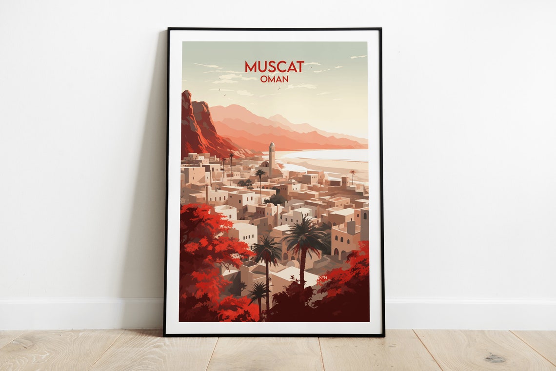 Muscat Oman Old Town Palms Red Mountains Seaside Travel Poster