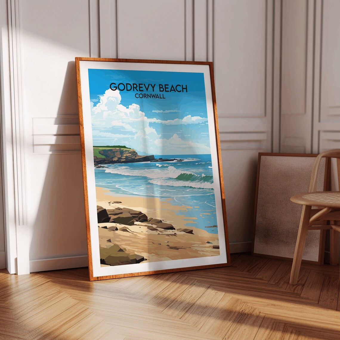 Godrevy Beach Cornwall Sandy Shore Waves Coastal Travel Poster - Image 2