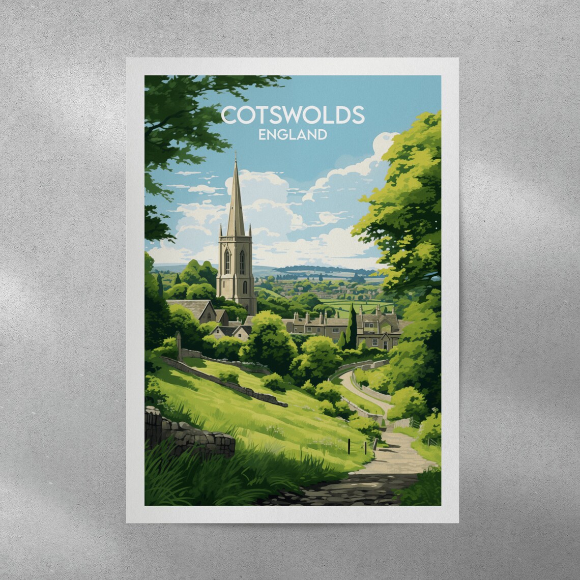 Cotswolds England Village Church Spire Green Hills Travel Poster - Image 3