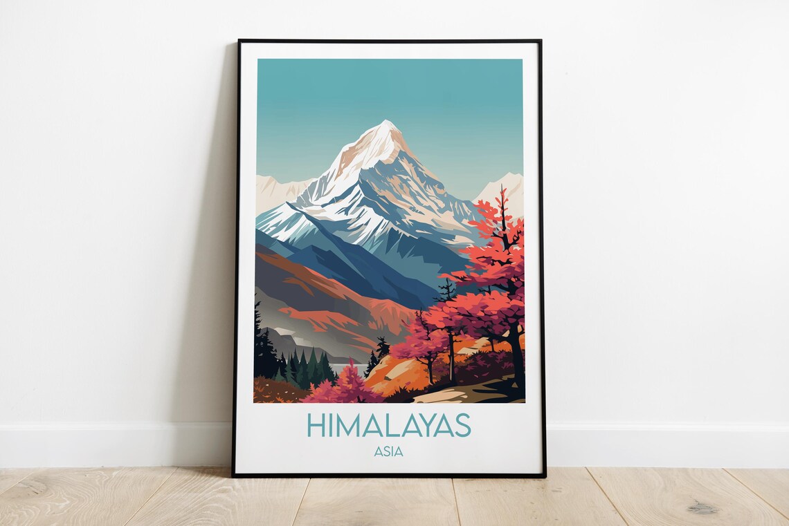 Himalayas Asia Snowy Peaks Autumn Trees Vintage Travel Poster Art