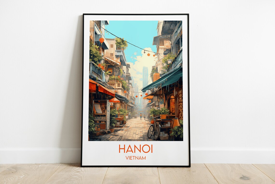 Hanoi Vietnam Old Quarter Street Lanterns Vintage Travel Poster