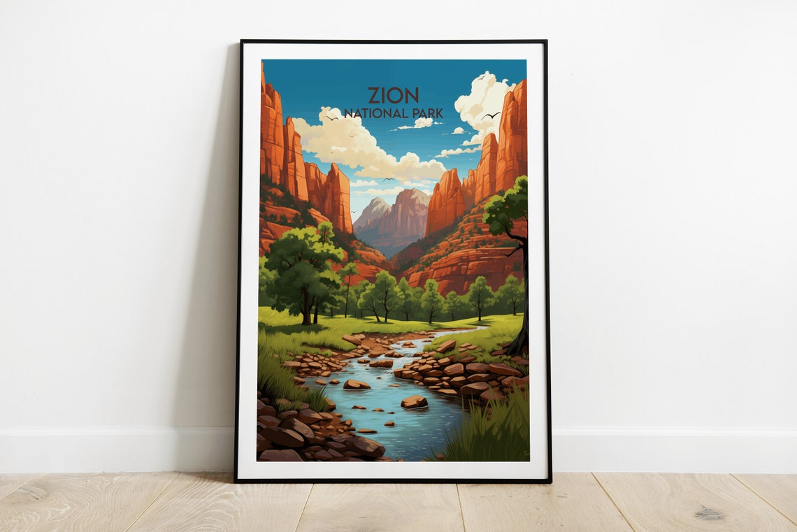Zion National Park Daytime Canyon River Classic Travel Art Poster