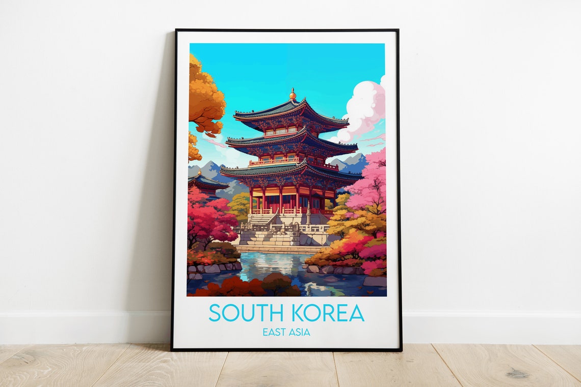 South Korea East Asia Temple Pagoda Pink Blossom Pond Travel Poster