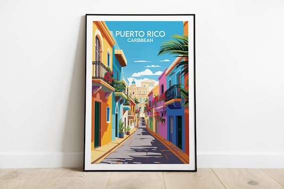Puerto Rico Caribbean Old Town Street Scene Retro Travel Poster