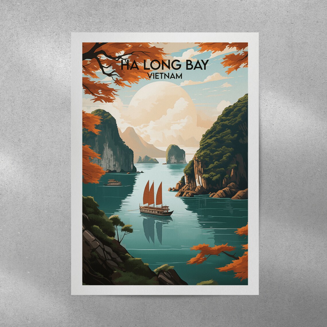 Ha Long Bay Vietnam Junk Boat Karsts Sunset Travel Illustration Poster - Image 5