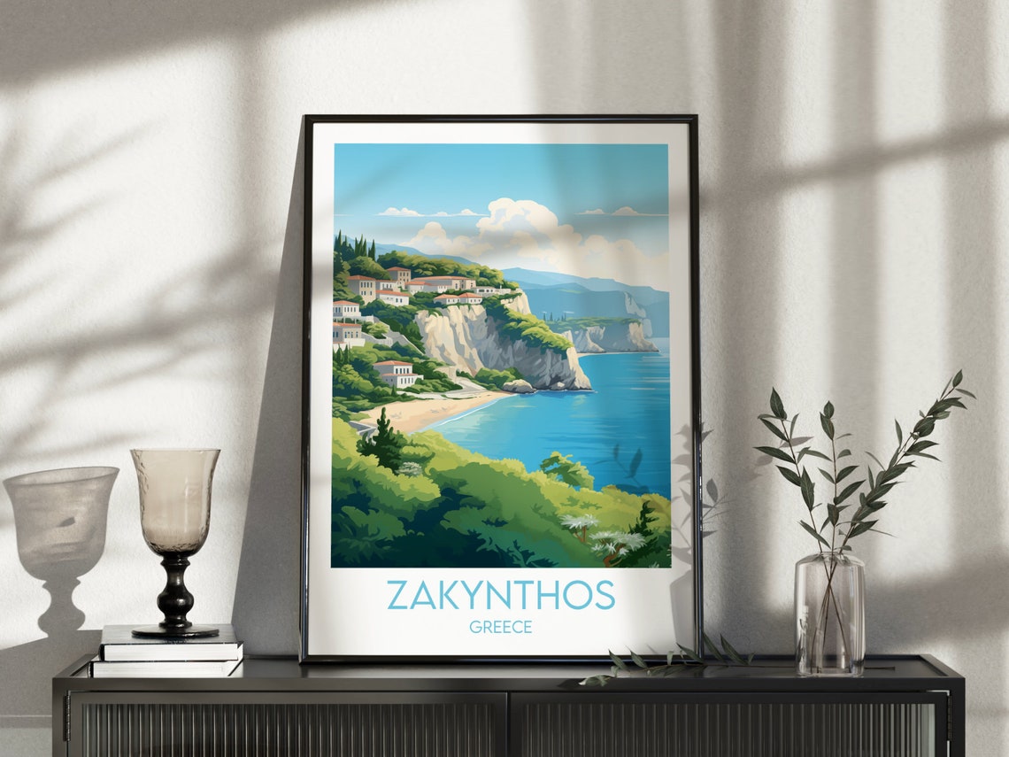 Zakynthos Greece Cliff Beach Hillside Village Coast View Travel Poster - Image 4
