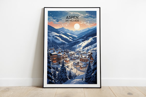 Aspen Ski Village Dusk Village Lights Snowy Mountain Travel Poster