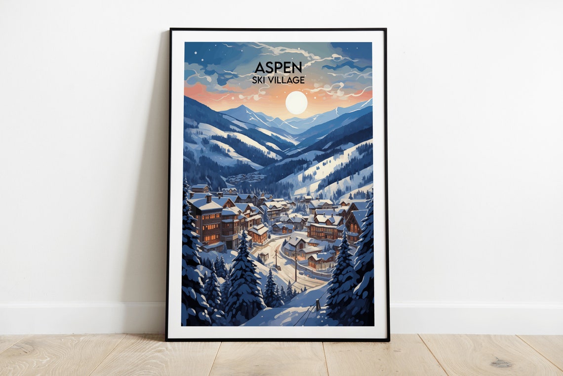 Aspen Ski Village Dusk Village Lights Snowy Mountain Travel Poster