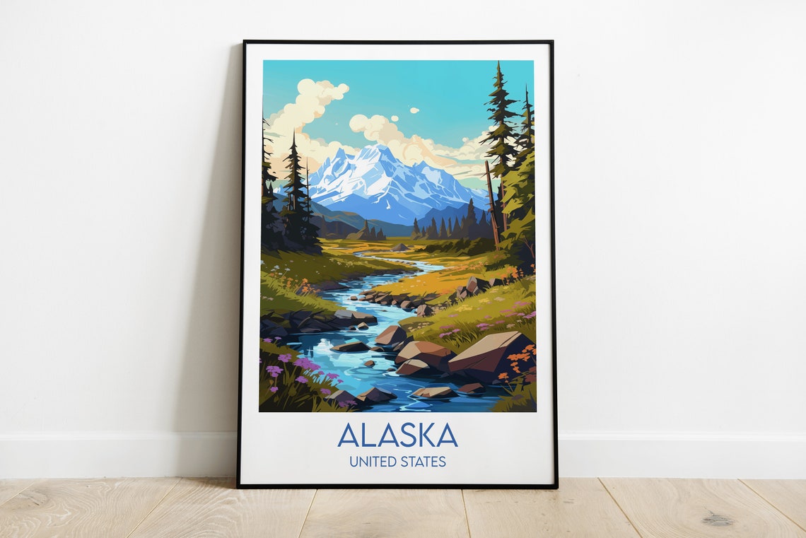 Alaska United States Wildflower Mountain Stream Travel Poster