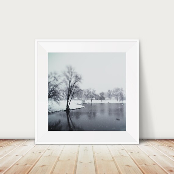 Winter Barn On Frozen Pond Rural Farm Snowy Landscape Poster