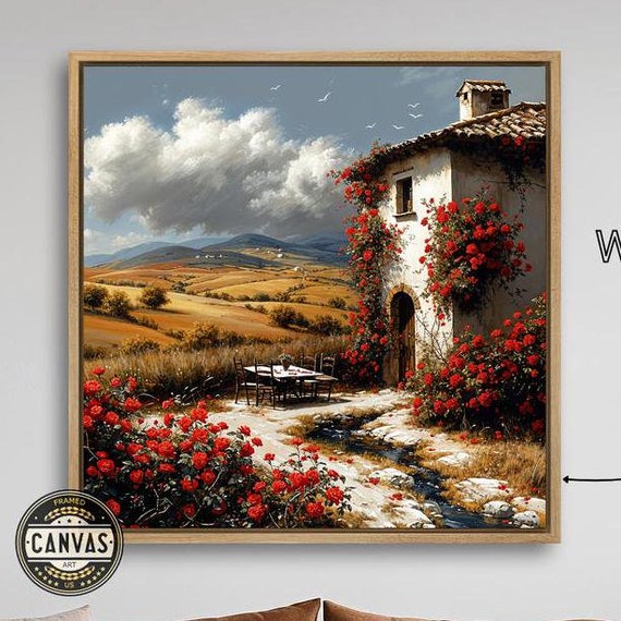 Charming Countryside Retreat Framed Print Farmhouse With Red Blooms Wall Art Rolling Hills Painting Print Decor Ready To Hang
