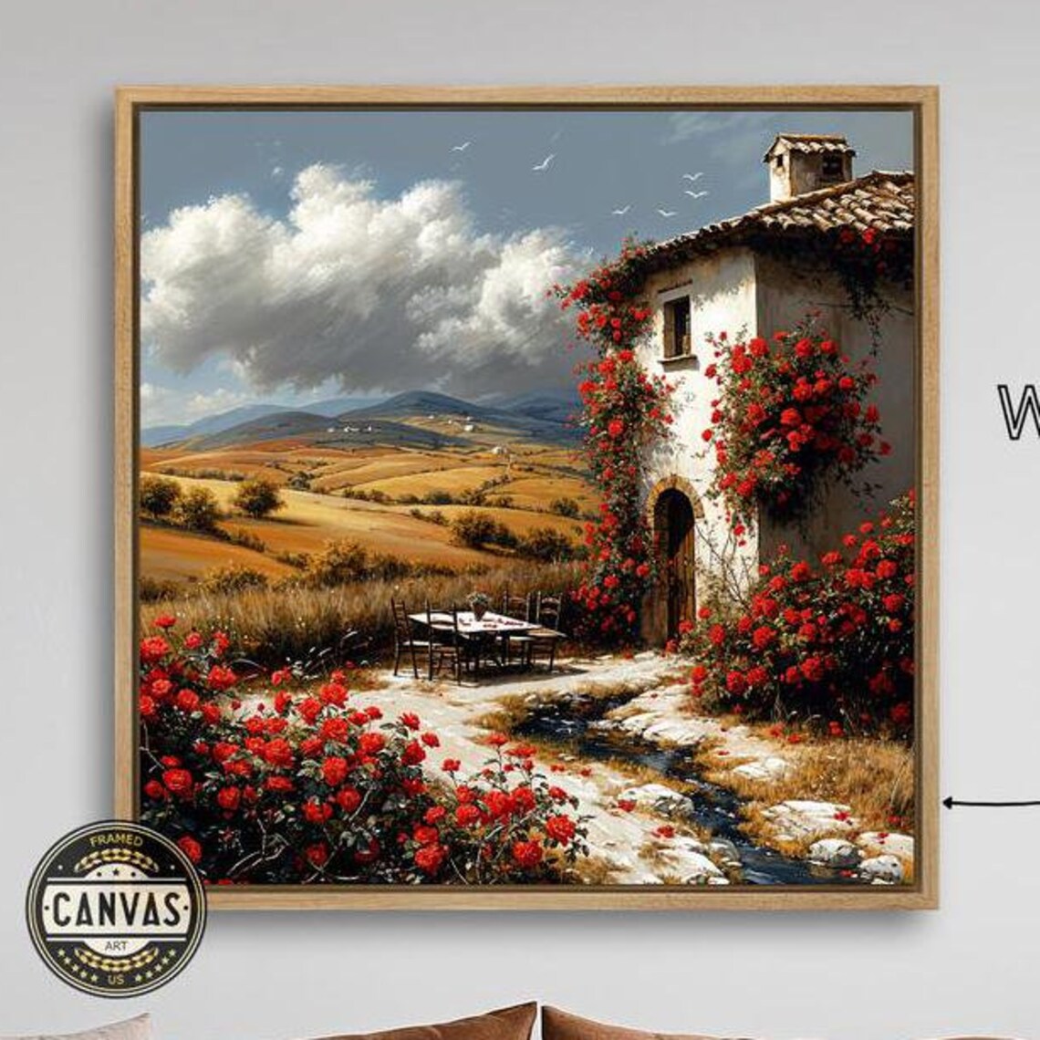 Tuscan Farmhouse With Red Roses Rolling Hills Countryside Art Poster