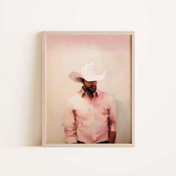 Cowboy in White Hat Pink Shirt Modern Western Portrait Painting Print