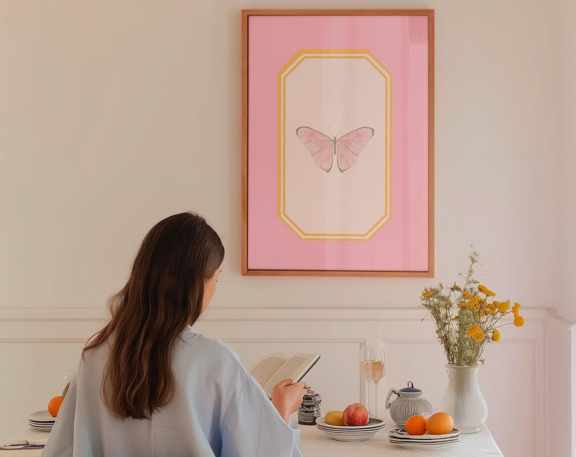 Butterfly Pink Mustard Papillion Art Print, Vintage Decor