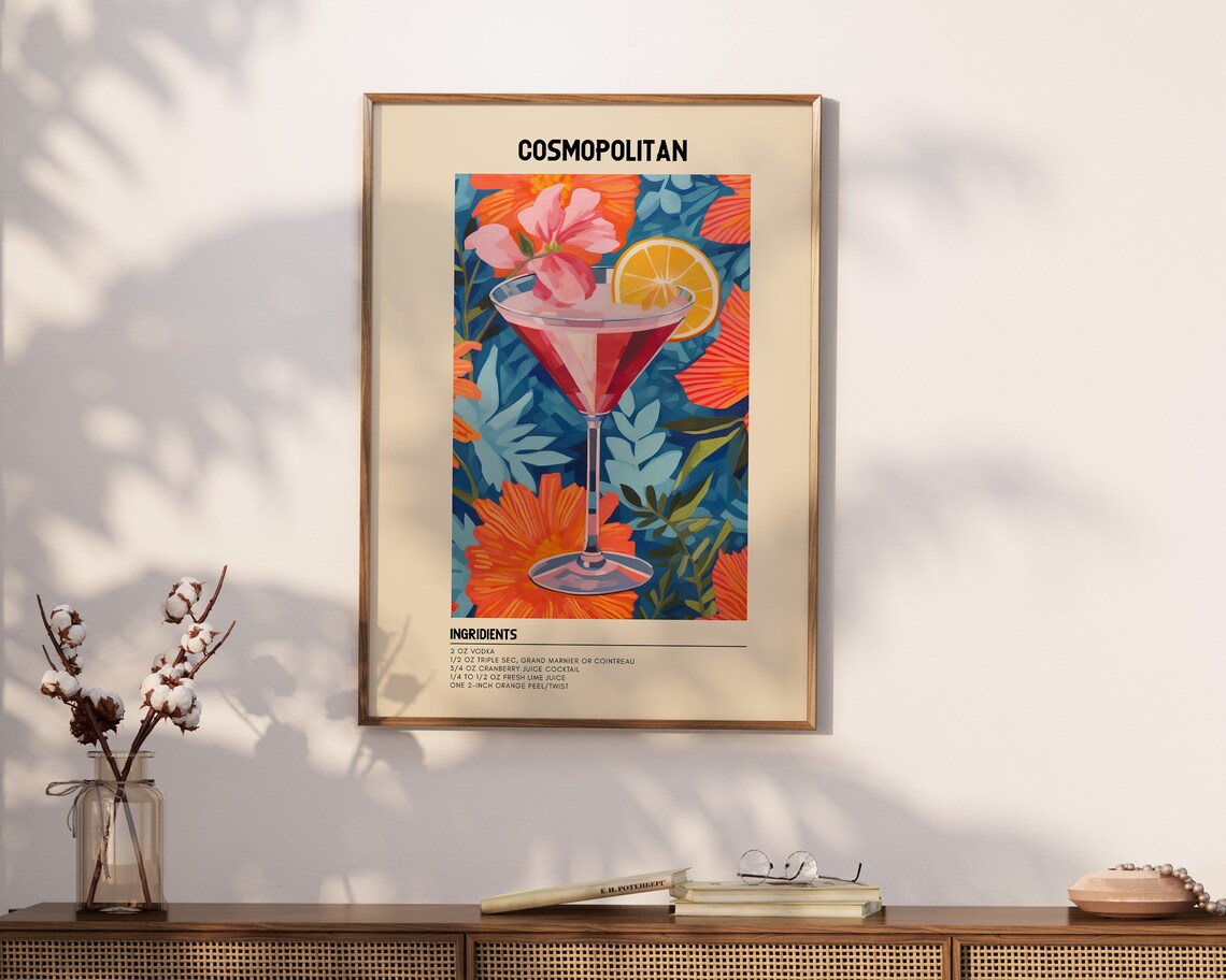 Cosmopolitan Cocktail Poster, Eclectic Bar Cart Decor