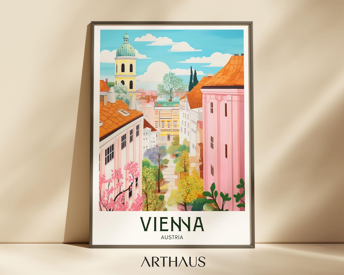 Vienna Austria Pink Street Church Tower Europe Travel Poster