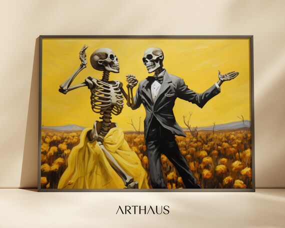 Dancing Skeleton Couple In A Golden Field Fun Halloween Art Print