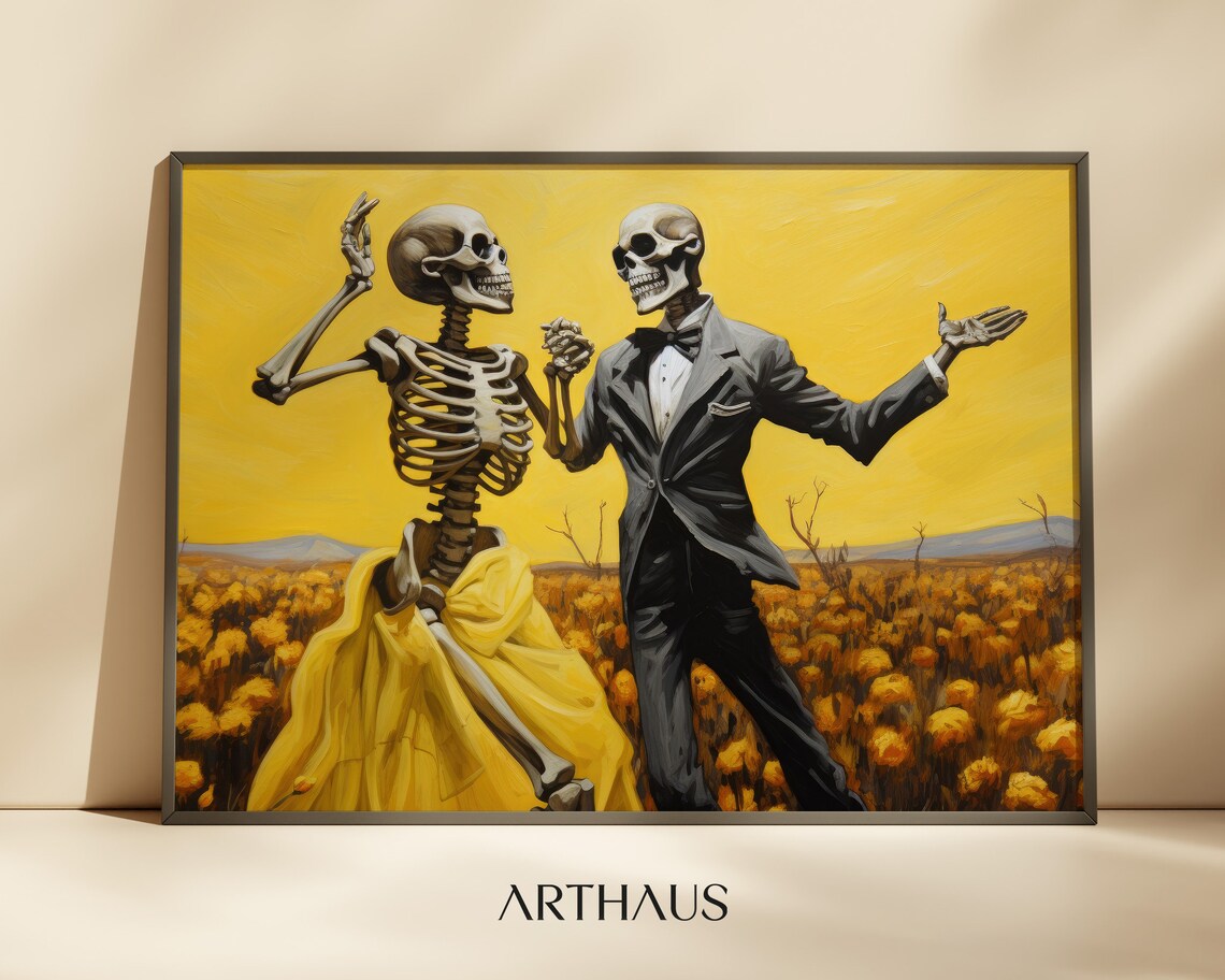 Dancing Skeleton Couple In A Golden Field Fun Halloween Art Print