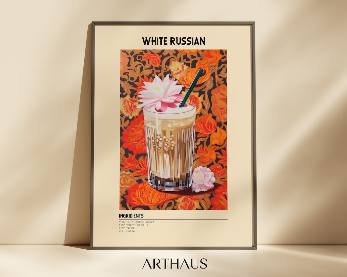 White Russian Cocktail Recipe Creamy Drink Bar Cart Wall Art